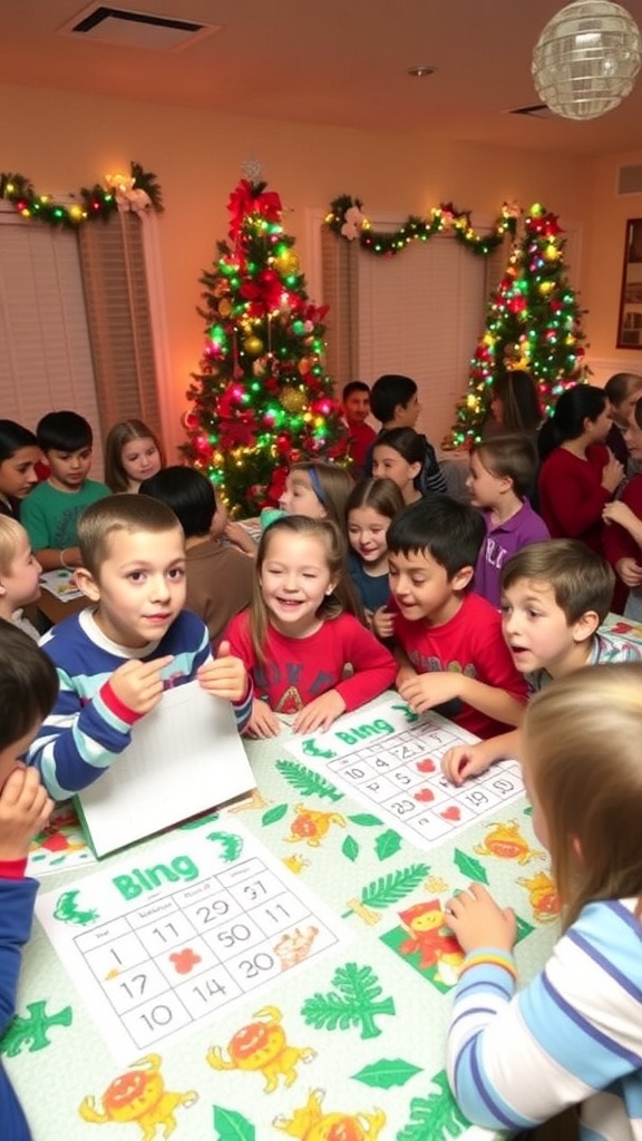 Children enjoying Christmas party games with decorations and a festive atmosphere.